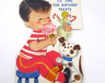 Tarjeta de felicitación de cumpleaños vintage de los años 60 para niño con cono de helado Candy Puppy Dog de Hallmark