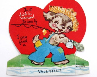 Vintage Valentine Card with Cute Bear with Fishing Pole by A-Meri-Card