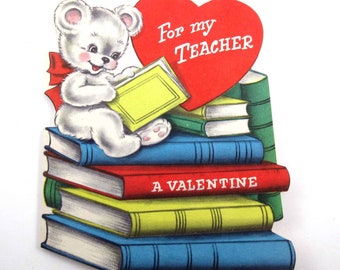 Vintage Children's Valentine Greeting Card for Teacher Teddy Bear Reading on Books by Norcross