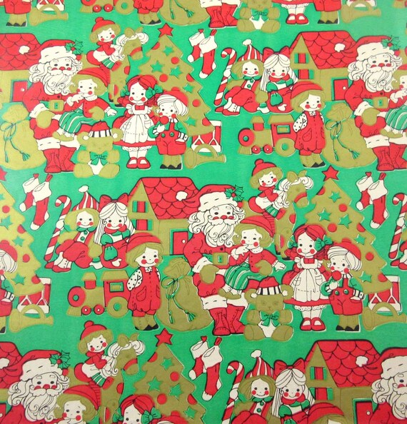 VTG CHRISTMAS WRAPPING PAPER GIFT WRAP MID CENTURY GREEN GOLD MERRY