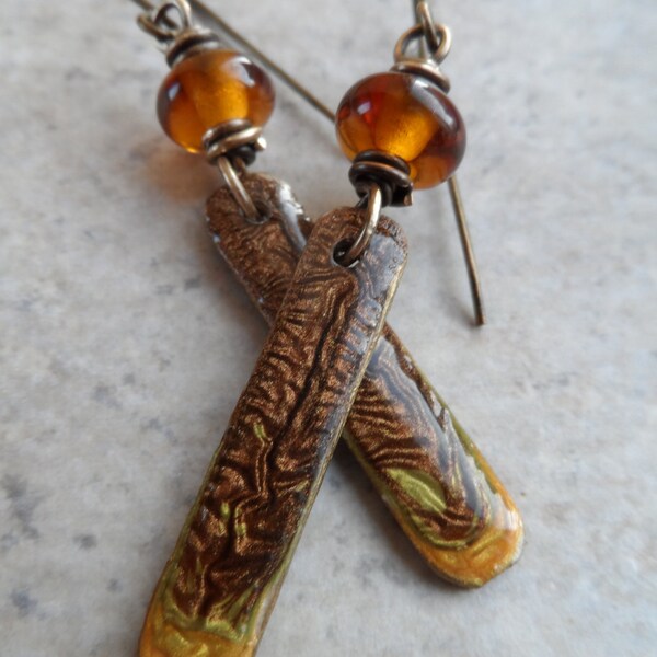 Hot Buttered Rum ... Artisan-Made Lampwork and Enameled Matchstick Earthy, Boho Earrings