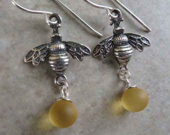 Sweet Honeybee ... Sterling Silver Bee and Artisan Lampwork Honey Drop Earrings. Small Lightweight Honey Bee, Apiary, Beekeeper Earrings.