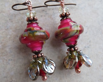 Flirty Baroques ... Artisan-Made Baroque Lampwork Beads & Gerbera Bead Caps, Swarovski Crystals, Copper, Floral, Flower, Petite Earrings