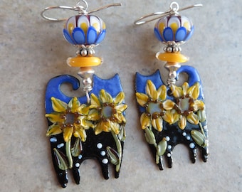 Sunflower Fields Forever ... Artisan Enameled Copper Cat and Glass Lampwork Earrings. Handcrafted Bright Boho Flower and Kitty Earrings.