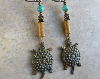 Turtle Totems ... Enameled Brass Turtle and Genuine Turquoise Earrings. Wire-Wrapped Earthy, Boho Earrings. Lightweight Turtle Earrings.