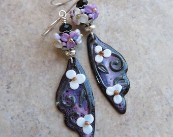 Twilight Wings ... Artisan-Made Enameled Copper Charms, Floral Lampwork Beads, Sterling, Boho, Butterfly Wing, Floral, Flower Earrings