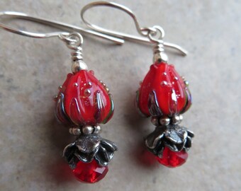 L'il Red Rosebud ... Petite Artisan Lampwork Rose Earrings. Dainty Handcrafted Floral Earrings. Lightweight Spring Flower Earrings.