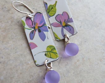 Violets are Violet! ... Reclaimed Vintage Tin and Artisan Lampwork Earrings. Art Nouveau Floral Earrings. Artisan Upcycled Flower Earrings.