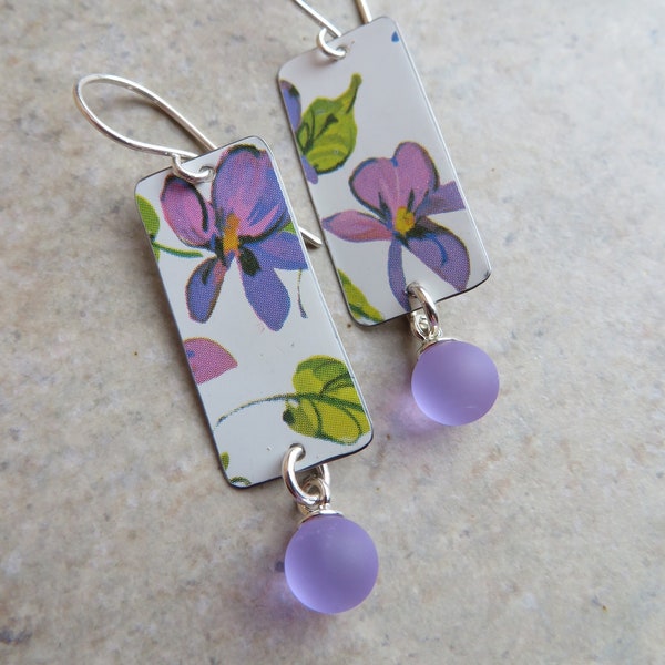 Violets are Violet! ... Reclaimed Vintage Tin and Artisan Lampwork Earrings. Art Nouveau Floral Earrings. Artisan Upcycled Flower Earrings.