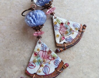 Spring Has Sprung ... Artisan Handpainted Enameled Copper and Blossom Lampwork Earrings. Handcrafted Spring Pastel Floral Boho Earrings.