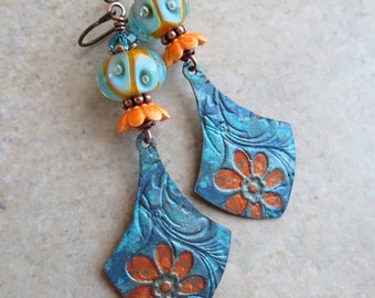 Orange Blossom ... Artisan Hand-Painted Copper and Glass Lampwork Earrings. Spring Floral Boho Earrings. Blue and Orange Flower Earrings.