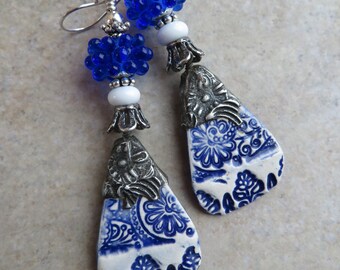 Delft Pottery ... Artisan Porcelain and Glass Lampwork Earrings. Cobalt Blue and White Floral Scandinavian Earrings. Netherlands. Holland.