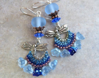 Denim Dragonflies ... Artisan Handstitched Seed Bead and Glass Lampwork Earrings. Handcrafted Beaded Boho Dragonfly Earrings. Blue Earrings.