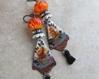 Flicker to Flame  ... Artisan Handpainted Enameled Copper & Blossom Lampwork Earrings. Handcrafted Floral Boho Earrings. Handmade Earrings.