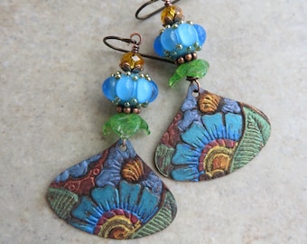 Dreamin' of Kauai ... Artisan Hand-Painted Copper and Glass Lampwork Earrings. Bright Floral Boho Earrings. Art Nouveau Flower Earrings.
