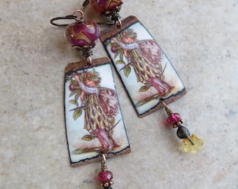The Sloe (Wild Plum) Fairy ... Cicely Mary Barker's Fairies. Artisan Enamel and Lampwork Glass Earrings. Handmade Floral Faerie Earrings.