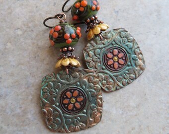 Bear Fruit ... Artisan Hand-Painted Copper and Glass Lampwork Earrings. Handcrafted Floral Boho Earrings. Handmade Coral Flower Earrings.