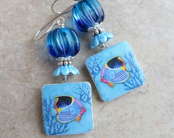 Somethin's Fishy ... Artisan Turkish Porcelain and Glass Lampwork Earrings. Lightweight Tropical Fish Earrings. Aquarium. Ocean. Sea. Lake.