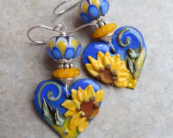 Love of Sunflowers ... Artisan Enameled Copper Heart and Glass Lampwork Earrings. Handcrafted Bright Boho Sunflower Earrings. Floral. Flower