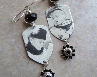 The Way We Were ... Reclaimed Tin and Artisan Lampwork Earrings. Victorian Black & White Photo Earrings. Upcycled Light Boy Girl Earrings.