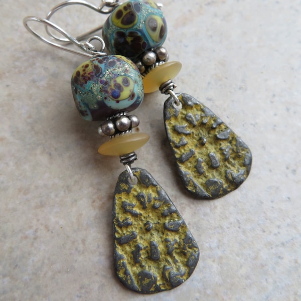 Mustard Seed  ... Artisan Rustic Pewter and Earthy Organic Lampwork Earrings. Shabby-Chic Boho Earrings. Earthy, Organic, Textured Earrings.