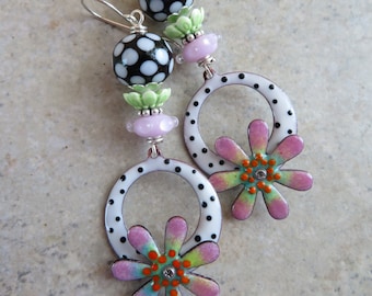 Petals & Polka Dots ... Artisan Enameled Copper and Glass Lampwork Earrings. Handcrafted Retro, Boho Earrings. Handmade Floral Earrings.
