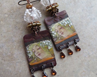 Mucha's 'Spring 1896' ... Artisan Enameled Copper and Hollow Glass Lampwork Earrings. Art Nouveau, Boho, Victorian, Woman Earrings.