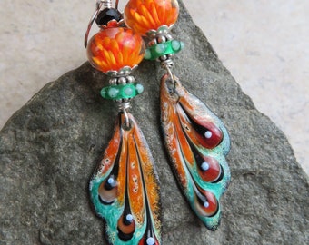 Orange Blossom Wings ... Artisan Enameled Copper and Glass Lampwork Earrings. Handcrafted Boho Butterfly Wing Earrings. Transformation.