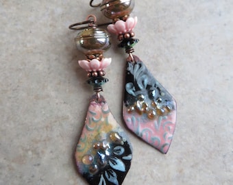 Leather & Lace ... Artisan Handpainted Enameled Copper and Iridescent Lampwork Earrings. Handcrafted Floral Boho Earrings. Dramatic.