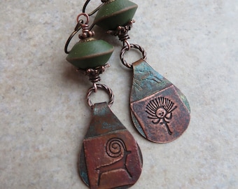 Primitive Paddles ... Artisan Hand-Painted Copper and Polymer Clay Earrings. Handcrafted Hieroglyphic Boho Earrings. Cave Carving Earrings.
