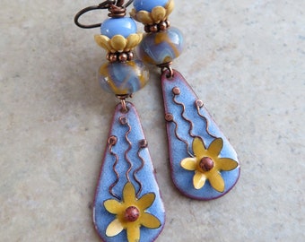 Pretty in Periwinkle ... Artisan Enameled Copper and Glass Lampwork Earrings. Handcrafted Floral Boho Earrings. Handmade Wildflower Earrings