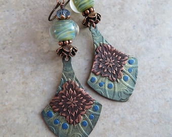 Fresh! ... Artisan Hand-Painted Copper and Glass Lampwork Earrings. Handcrafted Floral Boho Earrings. Handmade Blue & Green Flower Earrings.