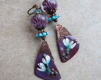 Crocus in Bloom ... Artisan Handpainted Enameled Copper and Blossom Lampwork Earrings. Handcrafted Purple and Blue Floral Boho Earrings.