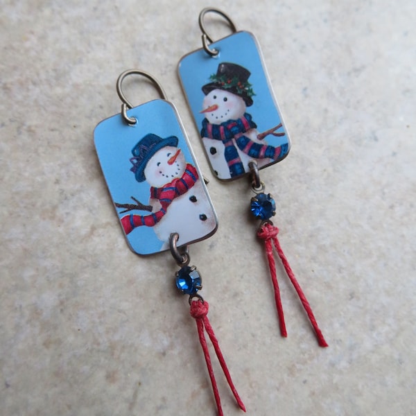 Snow Friends ... Reclaimed Tin Charm, Swarovski Crystal, Brass, Snowman, Frosty, Winter, Boho, Upcycled, Lightweight, Christmas Earrings