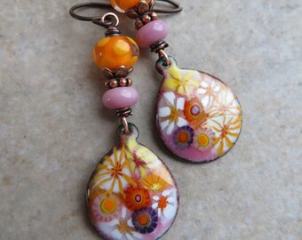 RESERVED Walking on Sunshine ... Artisan Enameled Copper & Lampwork Earrings. Handcrafted Floral Earrings. Orange Pink Wildflower Earrings.