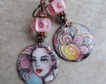 Enchanted ... Artisan Handpainted Enameled Copper and Glass Lampwork Earrings. Handcrafted Asymmetrical Woman and Floral Earrings. Fantasy.