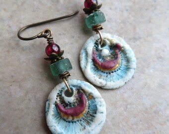 Little Treasures ... Artisan Porcelain Ceramic Earrings. Ancient Roman Glass Earrings. Organic Earrings. Teal & Garnet Shabby Chic Earrings.