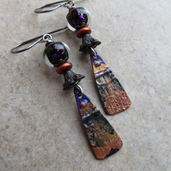 Metallic Glam ... Artisan-Made Pewter Charms, Dichroic Lampwork, Sterling Silver, Rustic, Boho, Hippie, Vintage, Shabby Chic, Gypsy Earrings