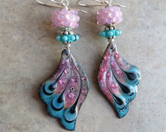 Dance on the Wind ... Artisan Enameled Copper and Glass Lampwork Earrings. Handcrafted Pink and Teal Butterfly Wing Earrings. Transformation