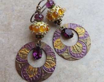 Fit for a Queen ... Artisan Hand-Painted Copper and Glass Lampwork Earrings. Purple and Gold Floral Boho Earrings. Regal Royalty Earrings.