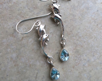 Dolphin Duo ... Sterling Silver Dolphin Charms, Genuine Blue Topaz, Boho, Ocean, Sea, Porpoise, Everyday, Go with Everything Earrings