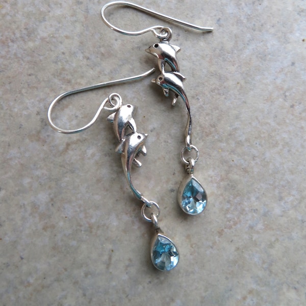 Dolphin Duo ... Sterling Silver Dolphin Charms, Genuine Blue Topaz, Boho, Ocean, Sea, Porpoise, Everyday, Go with Everything Earrings