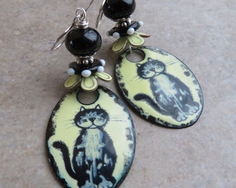 Portrait of a Cat ... Artisan Enameled Copper and Glass Lampwork Cat Earrings. Yellow & Black Whimsical Kitty Earrings. Feline Caricature.