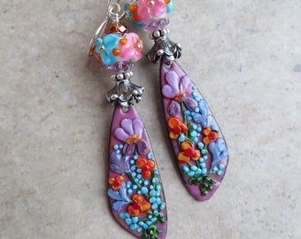Dreamin' of Spring ... Artisan Enameled Copper & Glass Lampwork Earrings. Art Nouveau Floral Earrings. Handcrafted Boho Wildflower Earrings.