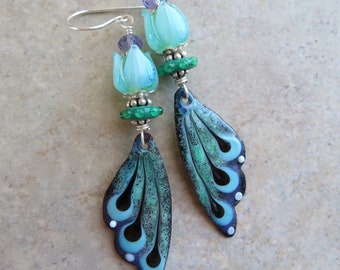 Peace & Serenity ... Artisan Enameled Copper and Glass Lampwork Earrings. Handcrafted Blue and Green Butterfly Wing Earrings. Transformation