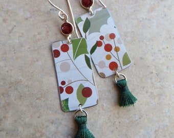 Holly Berries ... Reclaimed Vintage Tin Charms, Garnet & Sterling Charms, Tassel, Boho, Christmas, Winter, Upcycled, Lightweight Earrings