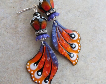 Joy-Filled Wings ... Artisan-Made Enameled Copper Charms, Lampwork Beads, Ceramic, Sterling Silver, Boho, Butterfly Wing, Monarch Earrings