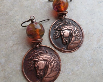 Wild Stallion ... Artisan Embossed Copper and Glass Lampwork Earrings. Handcrafted Boho Horse Earrings. Horse Lover. Pony. Equestrian.