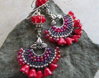 Pick Me! ... Artisan Handstitched Seed Bead and Glass Lampwork Earrings. Handcrafted Beadwoven Boho Earrings. Handmade Red Gypsy Earrings.