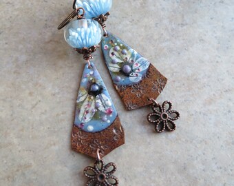 Darling Denim Daisies ... Artisan Handpainted Enameled Copper and Blossom Lampwork Earrings. Handcrafted Spring Pastel Floral Boho Earrings.